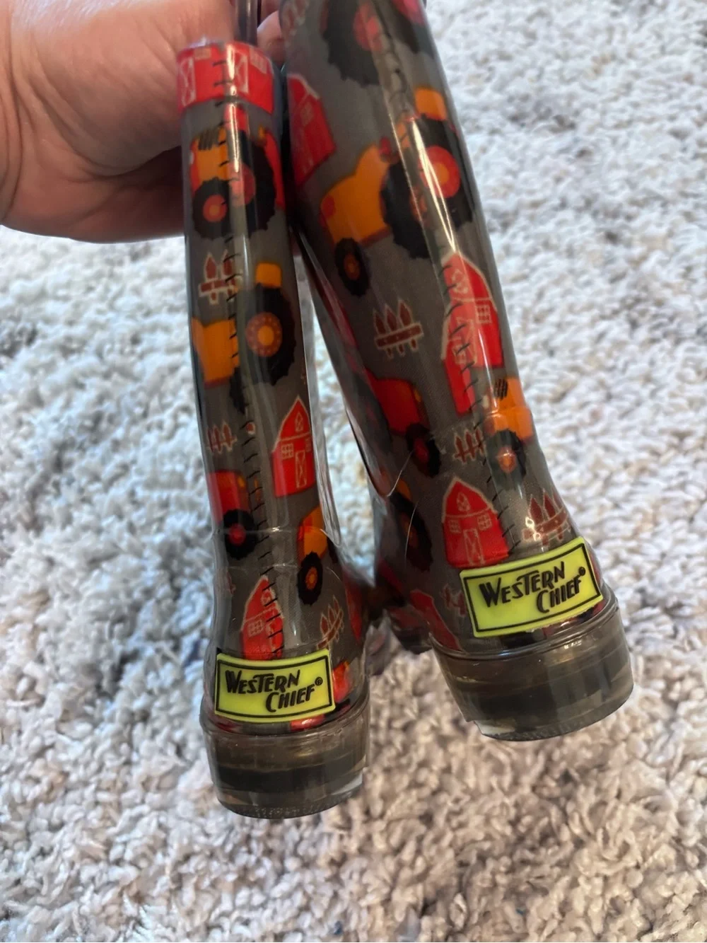 Kids Gray Rain Boots with Red & Yellow Tractor Print